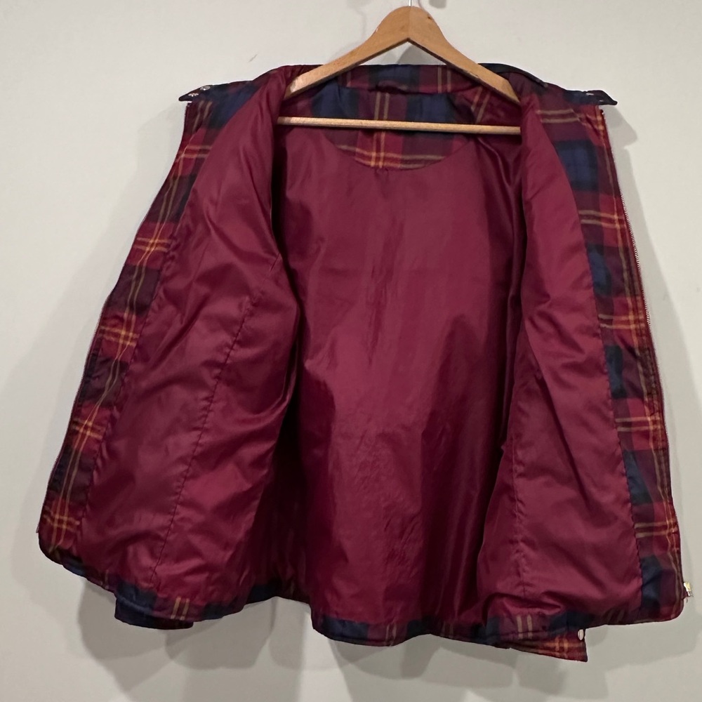 Burgundy, Blue & Yellow Plaid Quilted Jacket w Zipper Closure Mock Neck Collar - Picture 11 of 11
